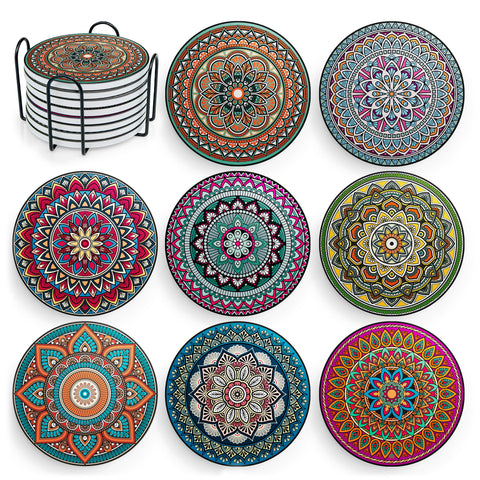 Decopom portavasos mandala cerámico 8 unidades, absorbentes y antirrayas para muebles.
