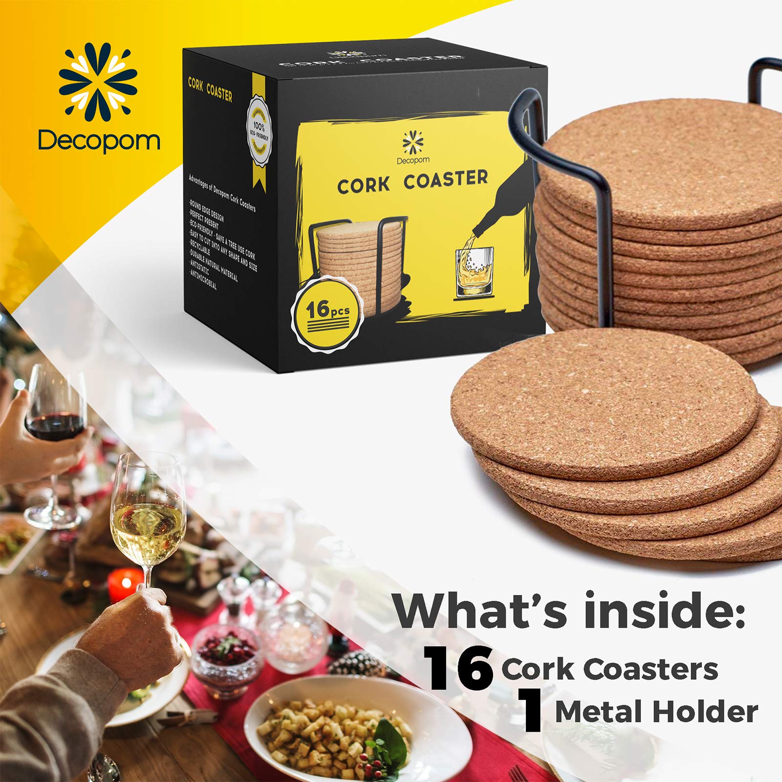 Decopom posavasos de corcho absorbentes 4 pulgadas absorben derrames y reducen ruido.