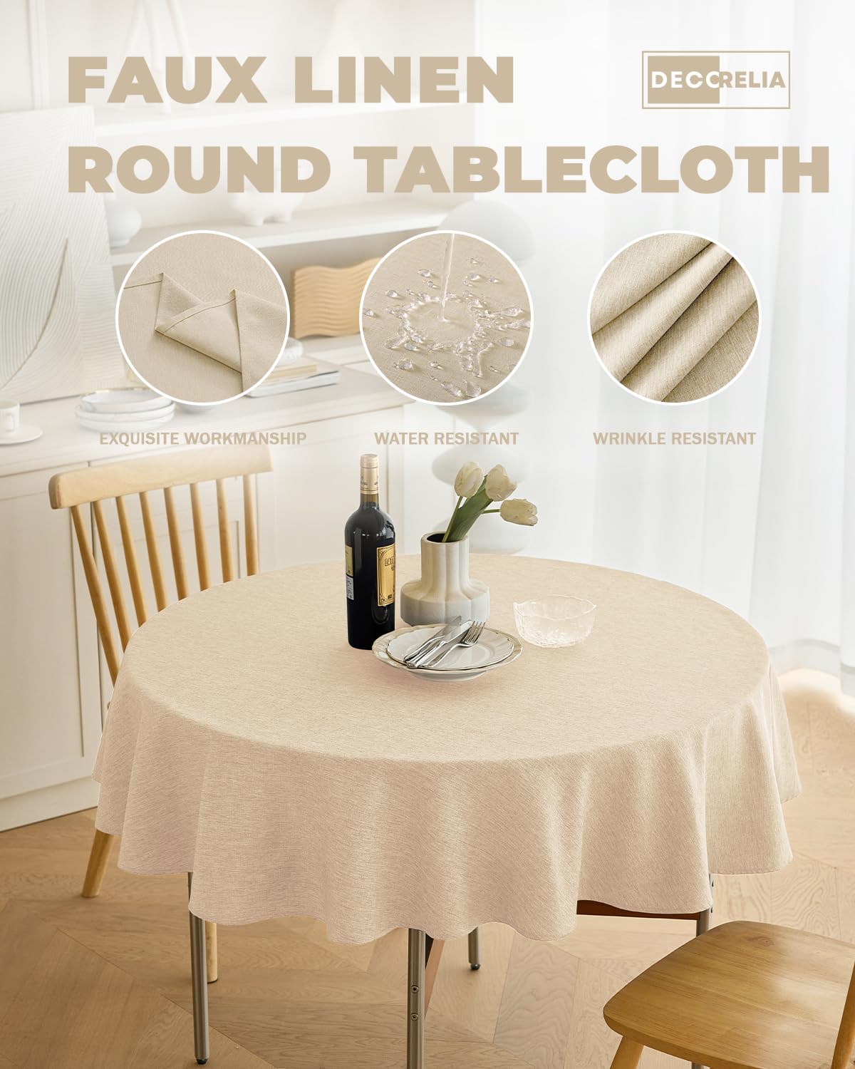 Mantel impermeable Decorelia en beige, resistente a manchas para comidas al aire libre.