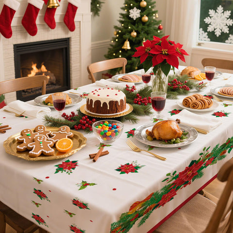Decorwoo mantel con diseño navideño de acebo y lazo rojo.