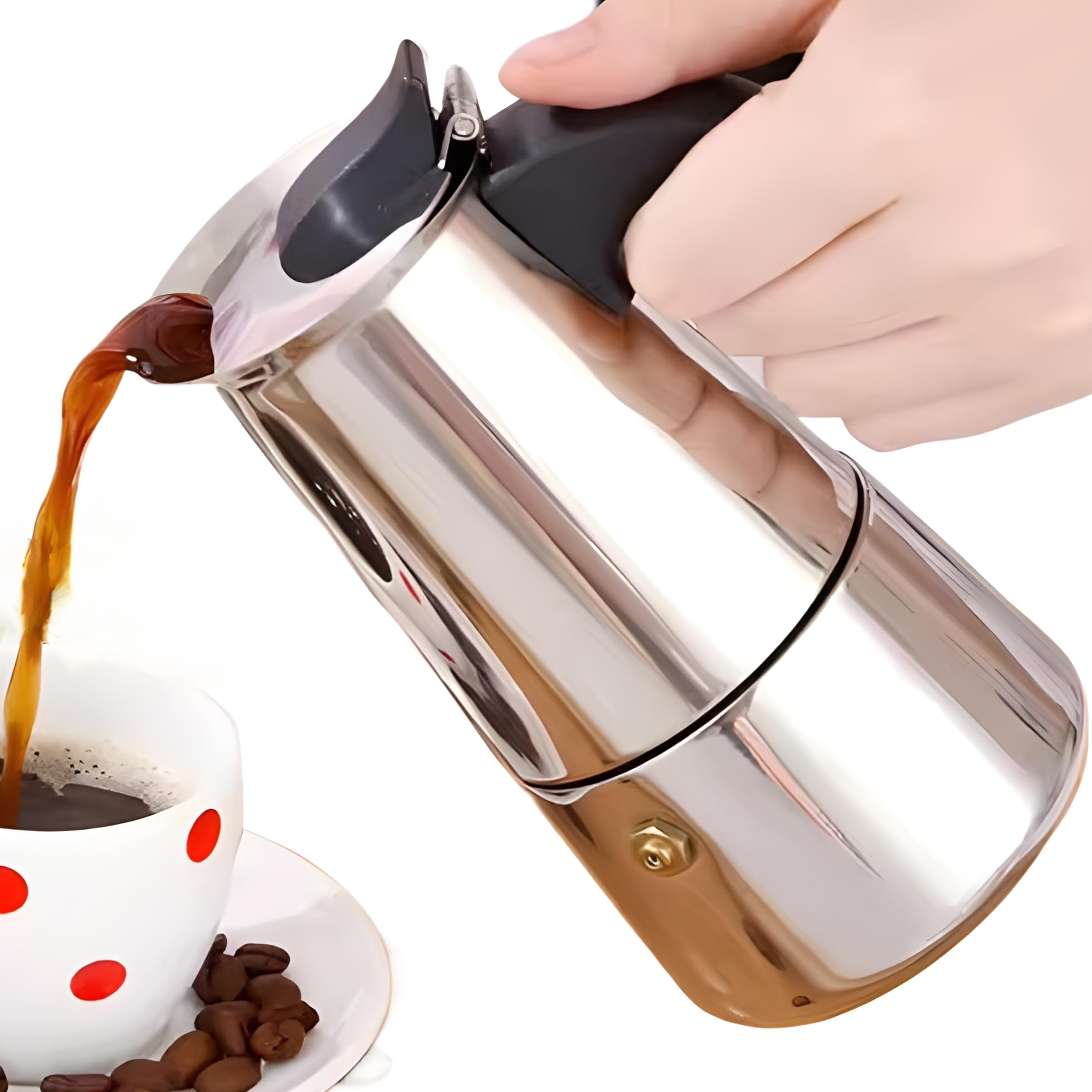 Cafetera moka DeeKleen de acero inoxidable en primer plano para espresso intenso.