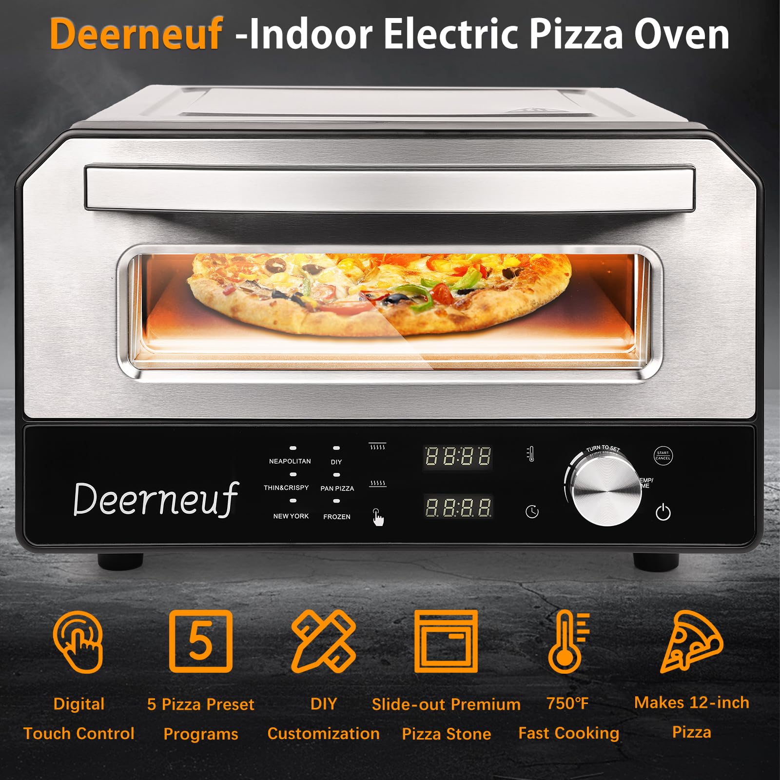 Deerneuf Horno Pizza permite pizzas de 12 pulgadas en casa.