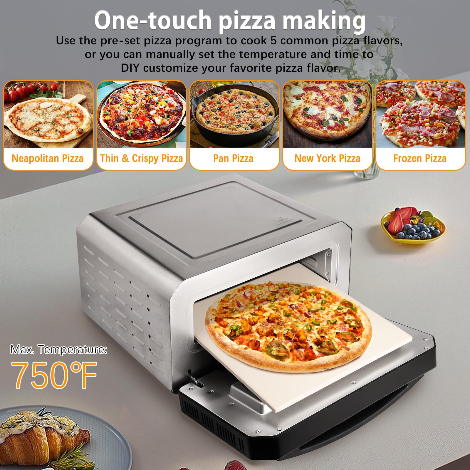 Deerneuf Horno Pizza con vidrio doble permite vigilar sin abrir.