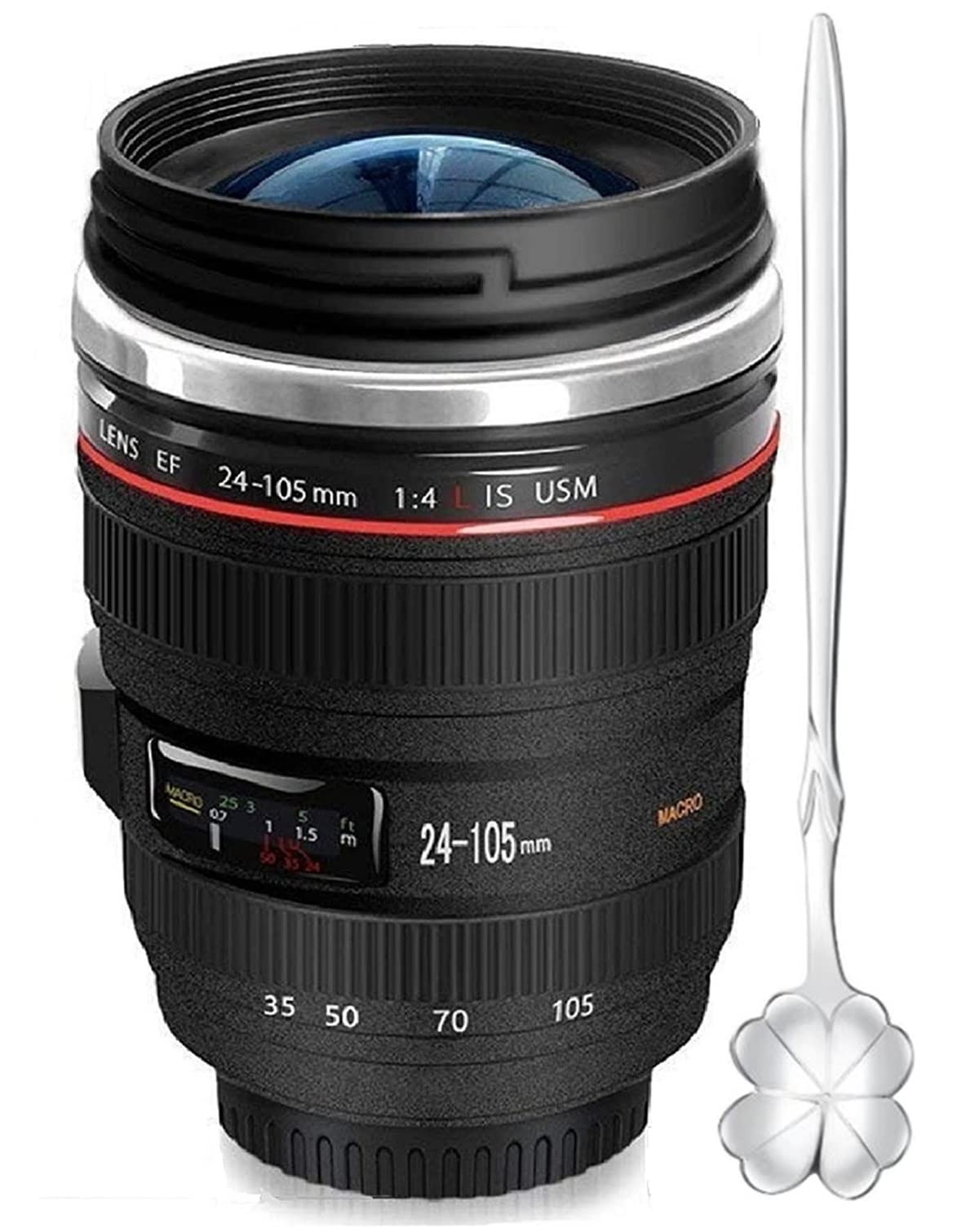 DEEXITO Taza Lente de Cámara con Cuchara de Trébol, perfecto para iniciar la sesión de fotos.