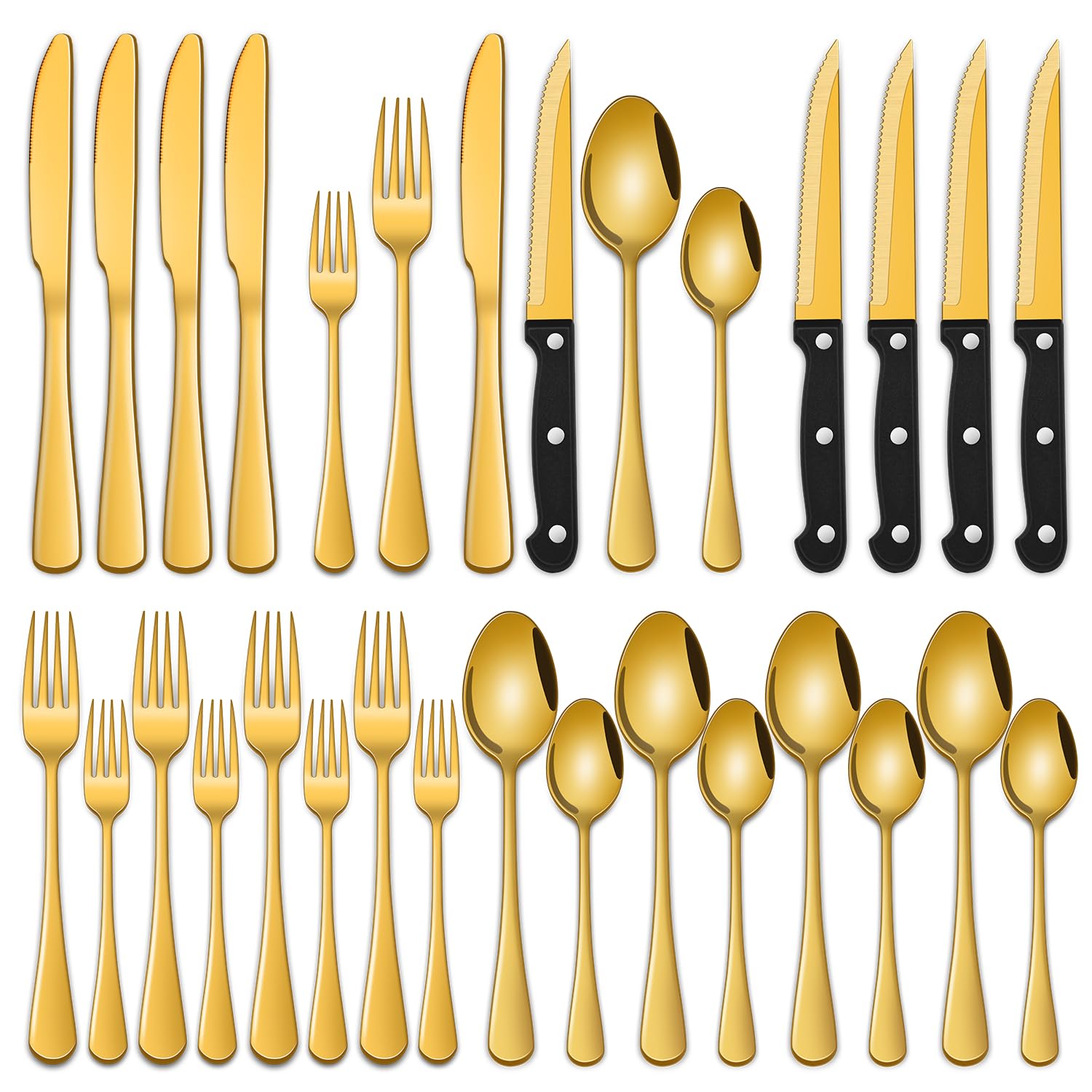 Conjunto de cubiertos Dehov oro 24 piezas para 4 personas, ideal para uso diario.