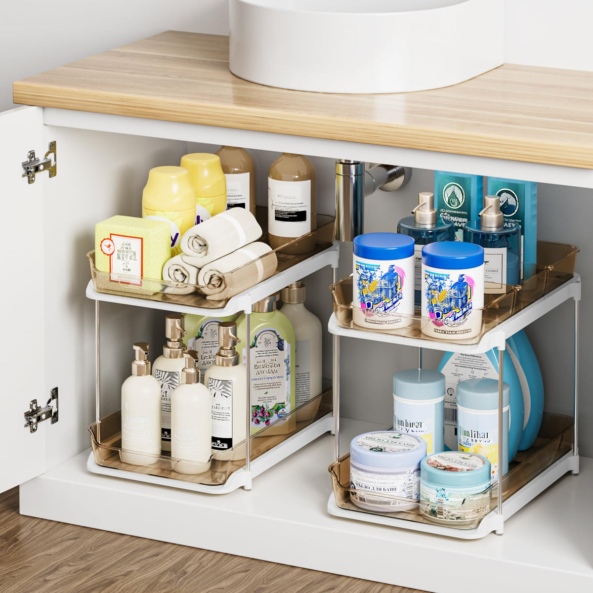 Delamu 2-niveles bajo lavabo en ámbar para organización eficiente.