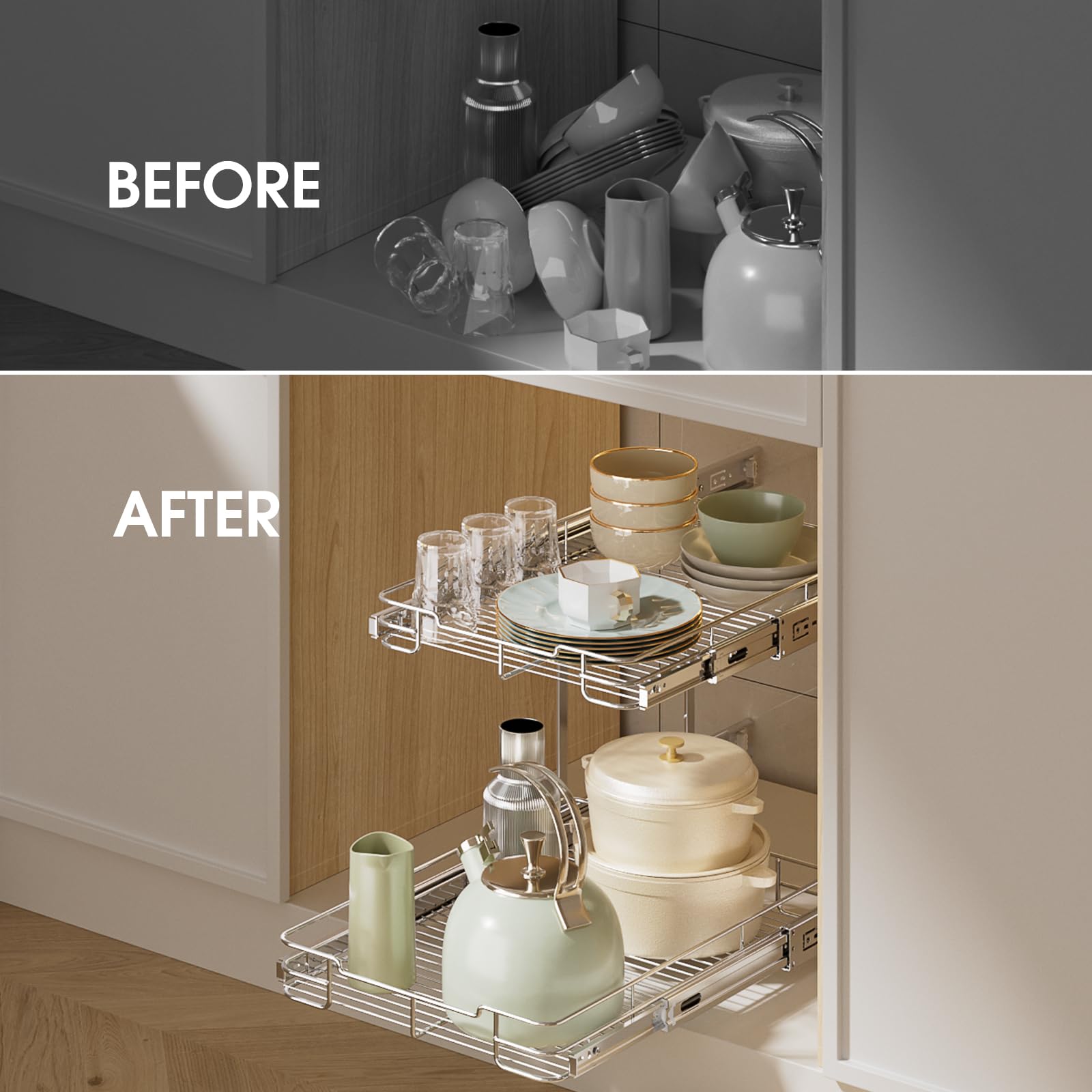 Delamu Acabado cromado resistente protege el estante y aporta brillo al gabinete.