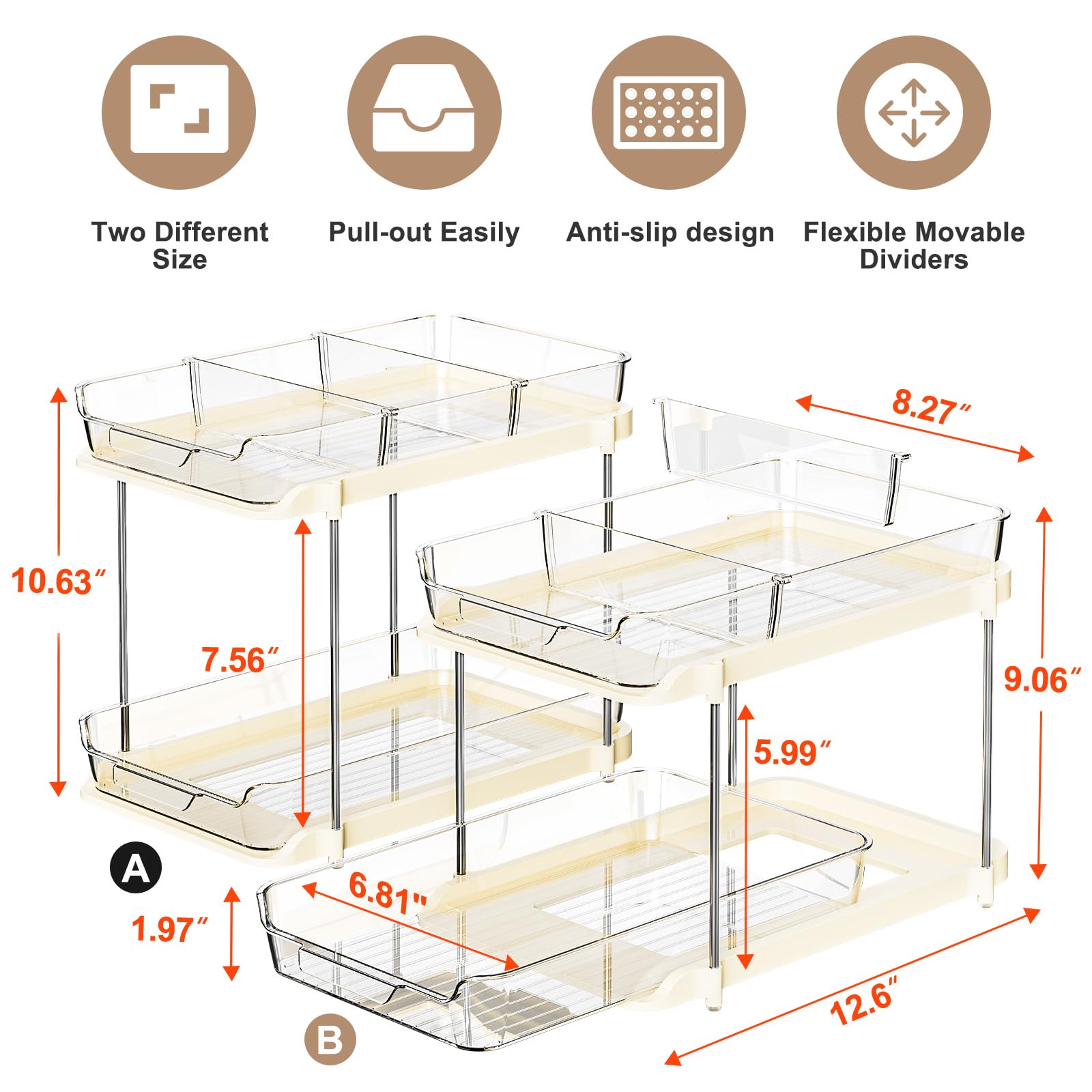 Delamu cajones deslizables con cuatro secciones para cocina y baño.
