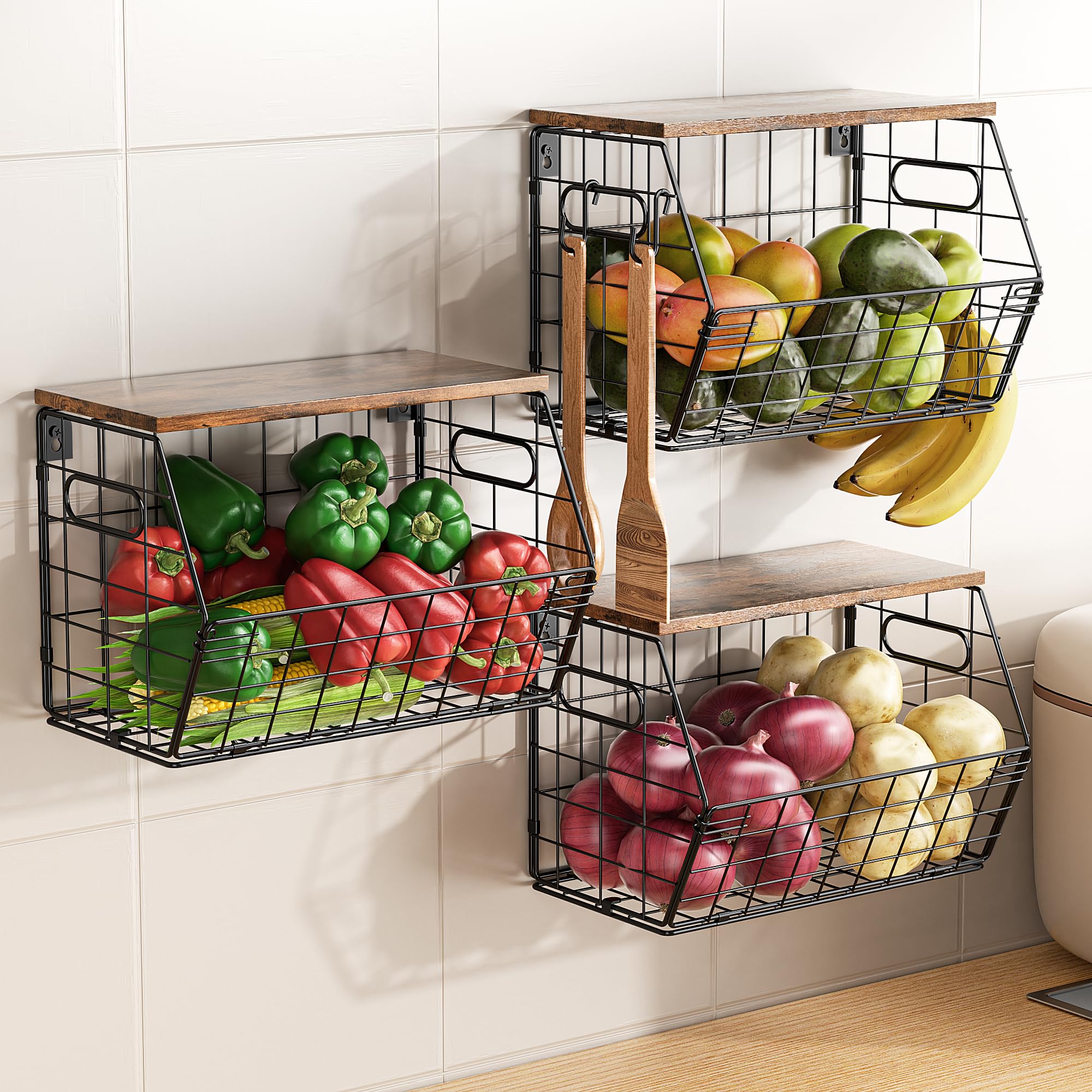 Delamu cestas-fruta metal anidada tapa madera ahorro de espacio en despensa