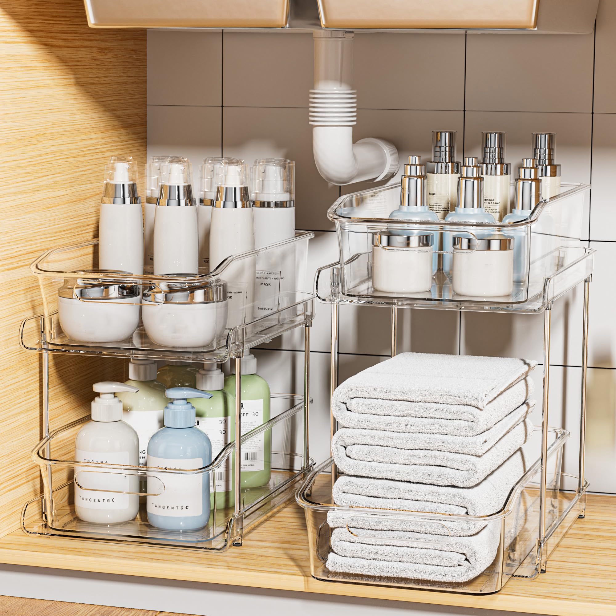 Delamu dos niveles organizador bajo lavabo, vista frontal, almacenamiento eficiente.