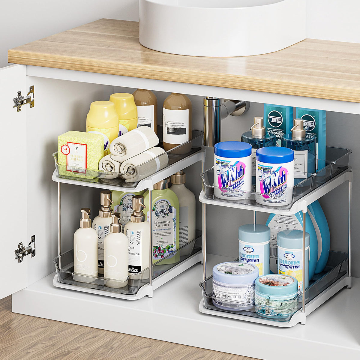 Delamu dos niveles organizador baño abierto: fácil acceso a artículos de higiene.