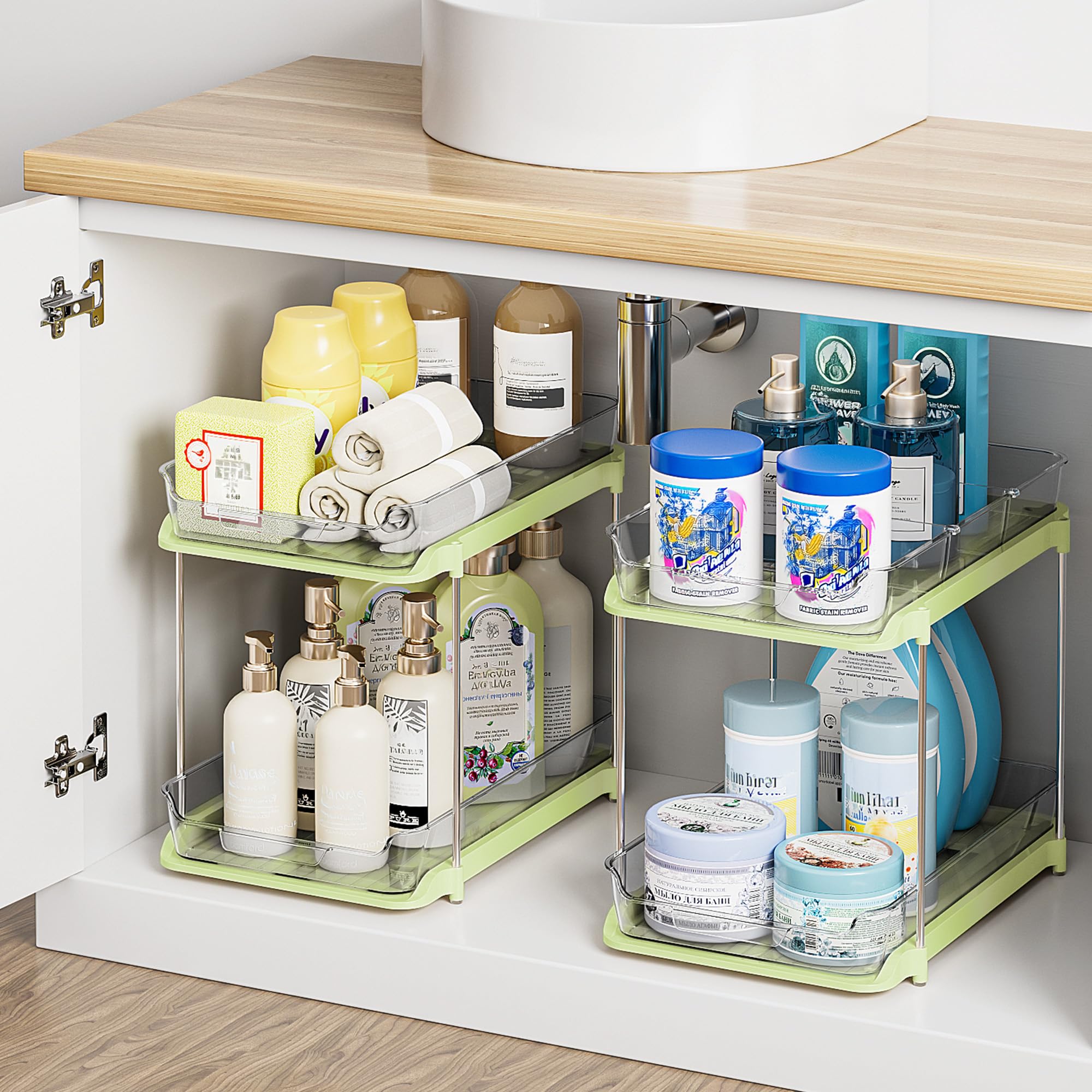 Delamu dos niveles organizador bano bajo fregadero facilita acceso a productos.