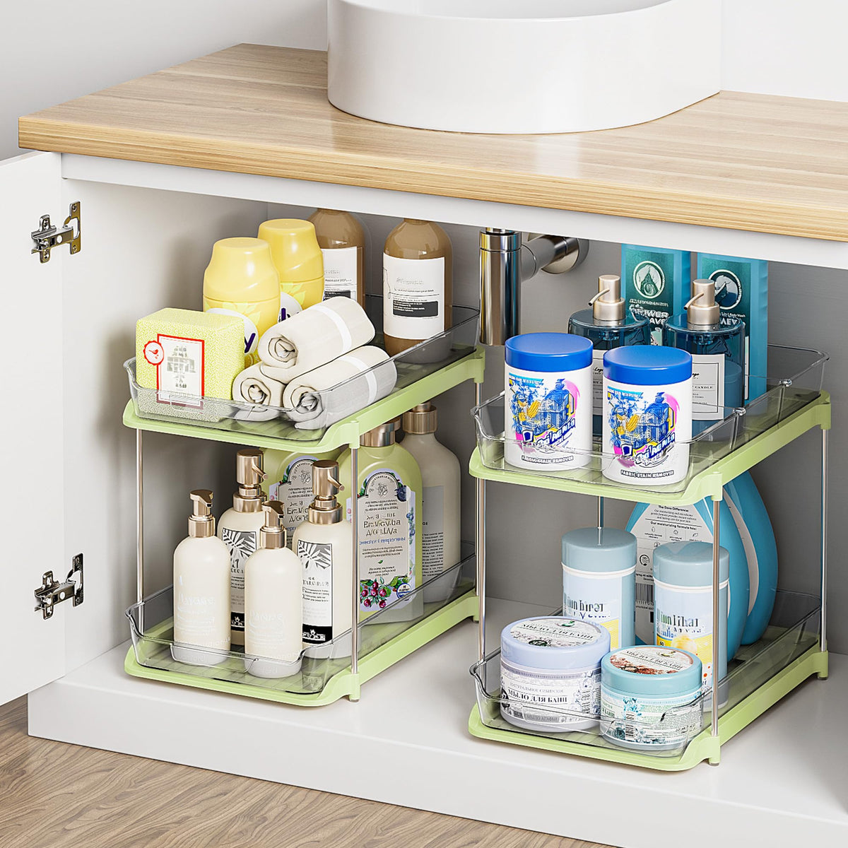Delamu dos niveles organizador bano bajo fregadero facilita acceso a productos.
