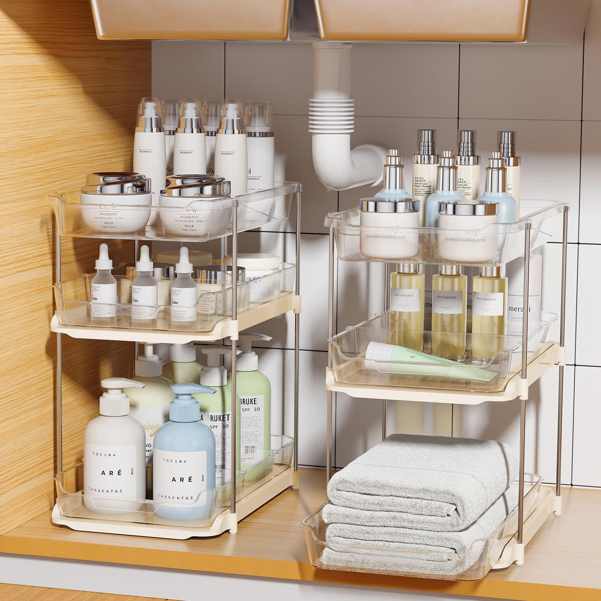 Delamu dos-pack organizadores bajo lavabo con cajón acrílico transparente para acceso rápido.