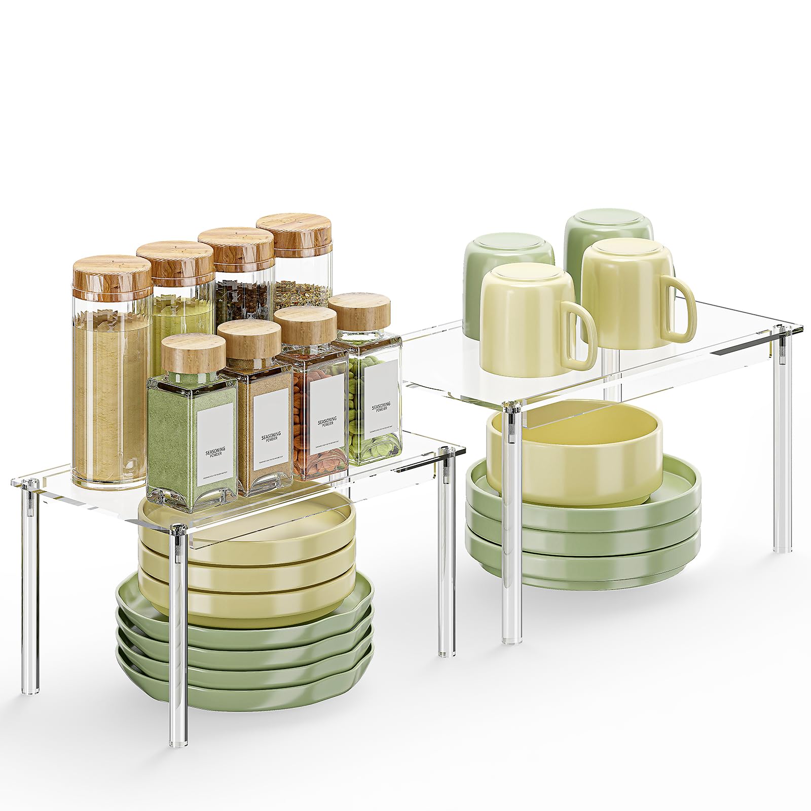 Delamu estante acrílico doble niveles para cocina mejora la visibilidad y organización.