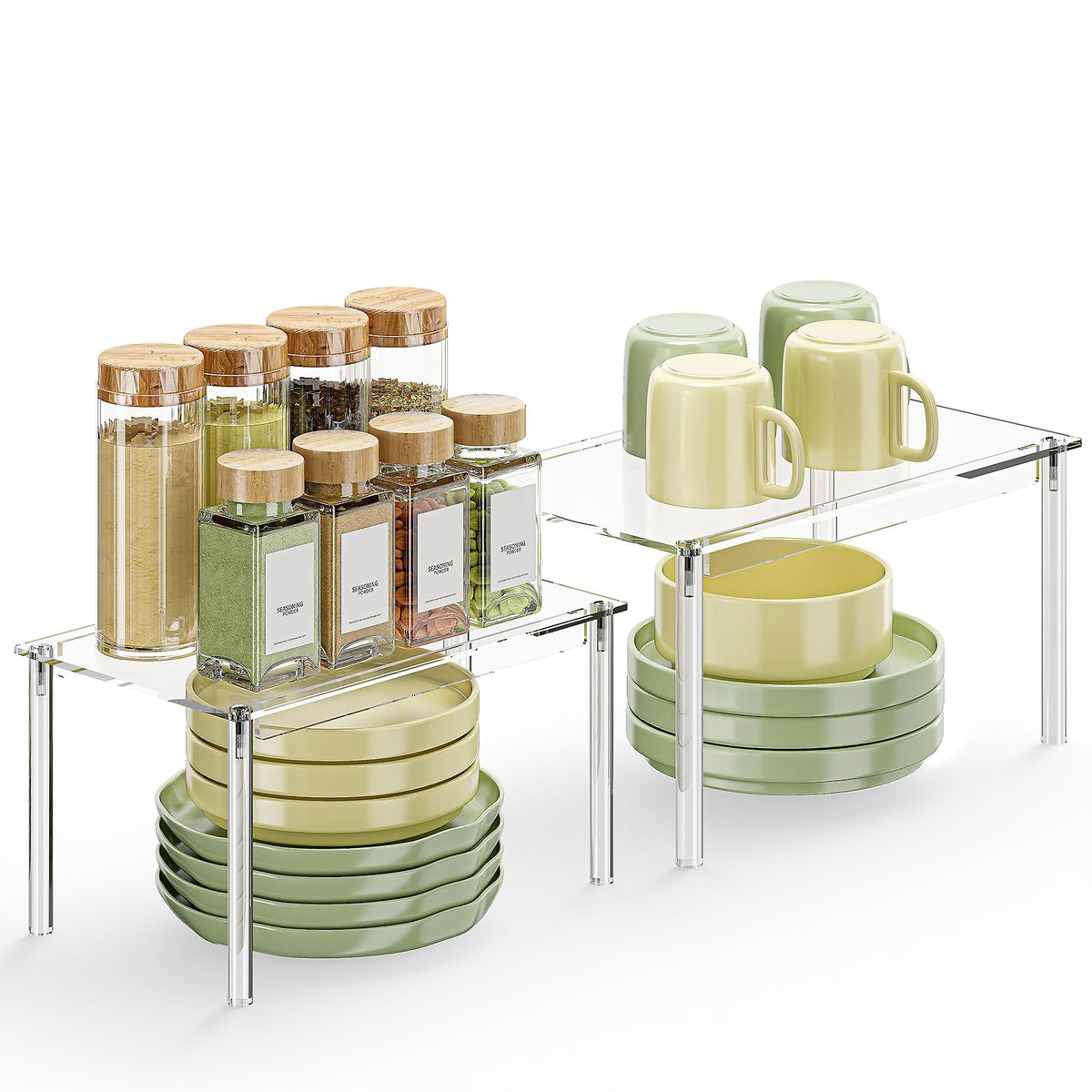 Delamu estante acrílico doble niveles para cocina mejora la visibilidad y organización.