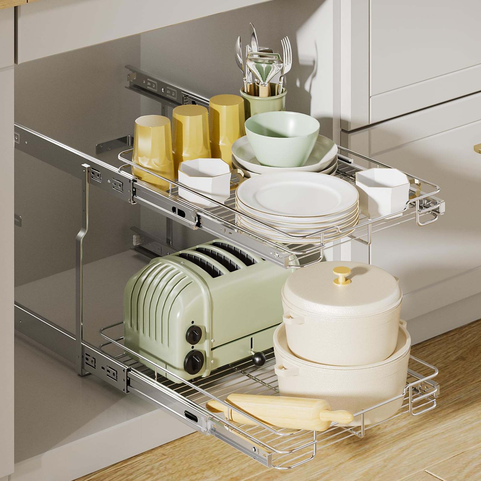 Delamu Mecanismo de deslizamiento suave facilita recoger utensilios pesados sin esfuerzo.