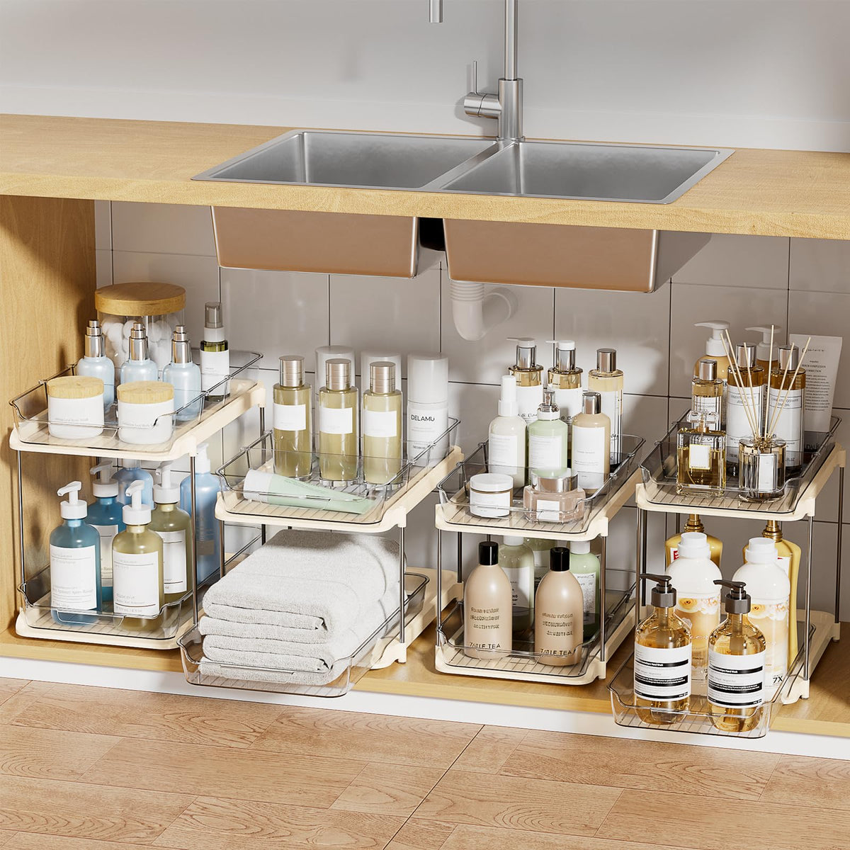 Delamu organizador de baño de dos niveles con deslizamiento para acceso rápido a artículos.