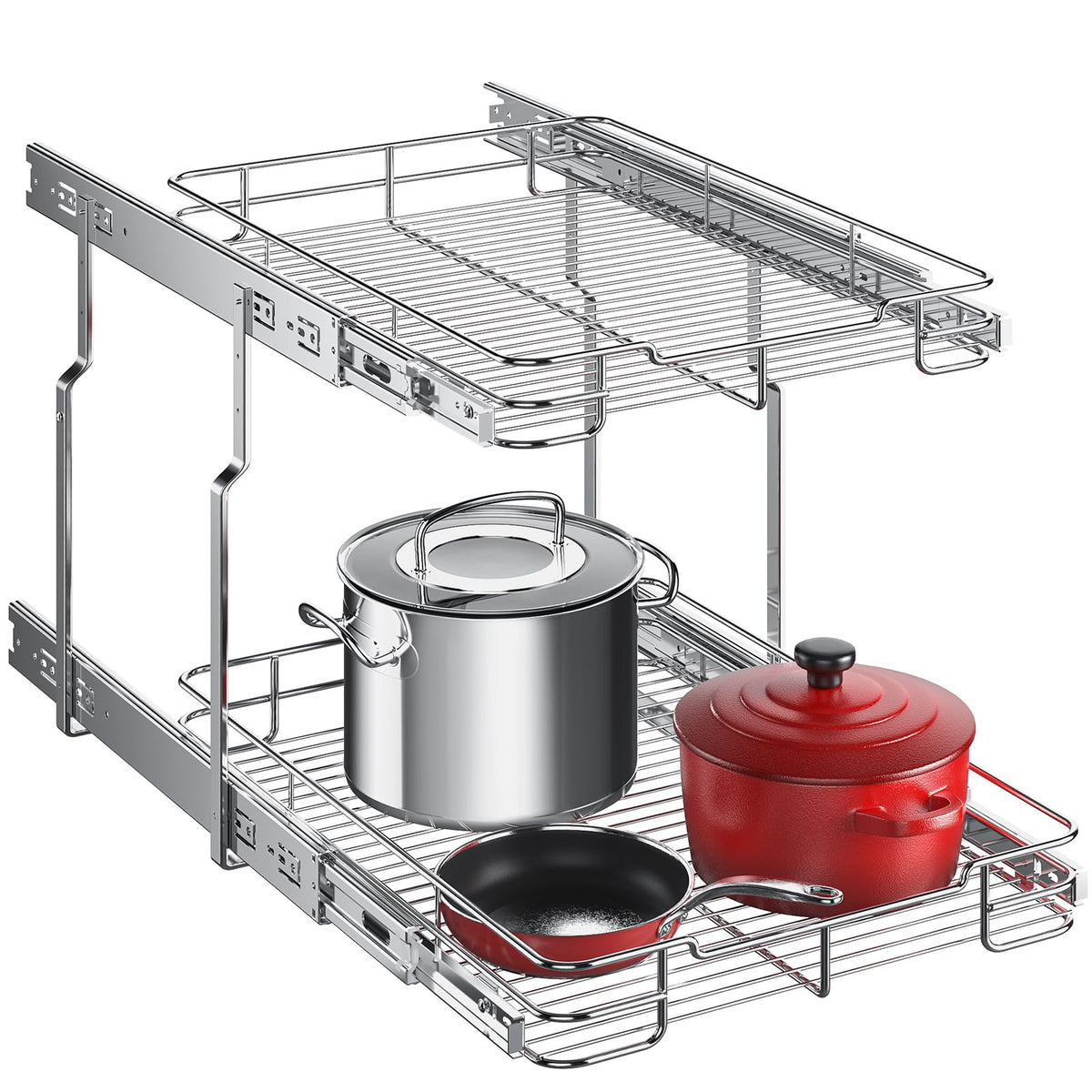 Delamu Organizador de gabinete deslizante 2 niveles ofrece acceso rápido a ollas y sartenes.