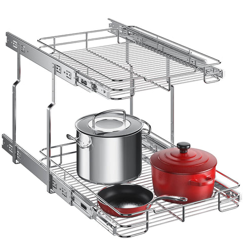 Delamu Organizador de gabinete deslizante 2 niveles ofrece acceso rápido a ollas y sartenes.