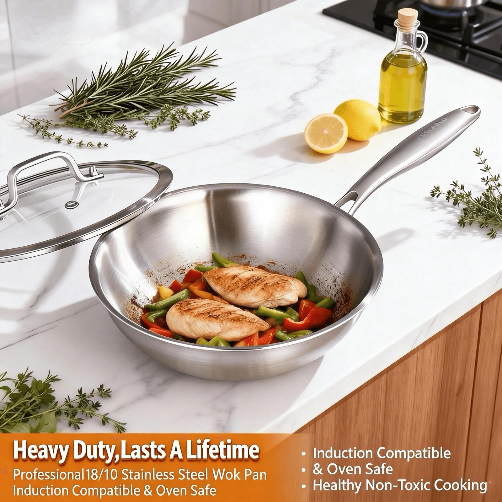 DELARLO compatible con inducción y horno hasta 600°F para mayor versatilidad.