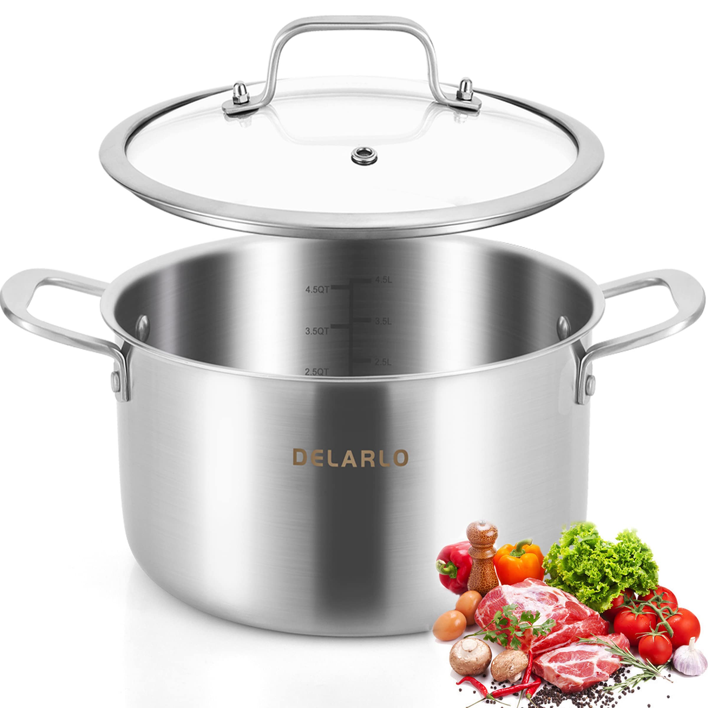 DELARLO Olla Tri-Ply 5 Qt con tapa de cristal, distribución uniforme del calor