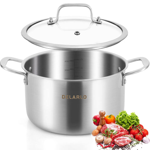 DELARLO Olla Tri-Ply 5 Qt con tapa de cristal, distribución uniforme del calor