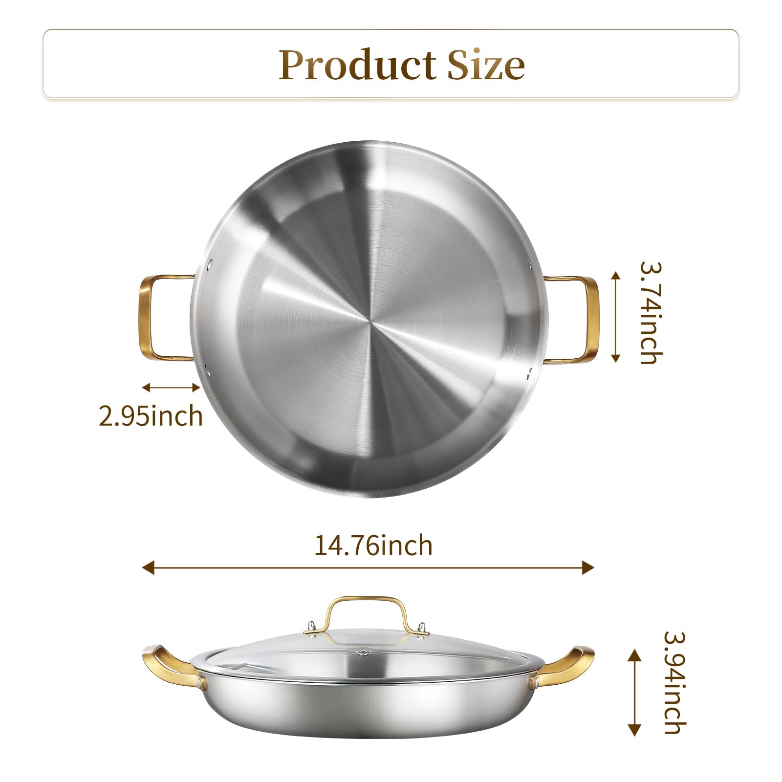 DELARLO Pan Paella de 14 pulgadas, superficie amplia para paellas y salteados