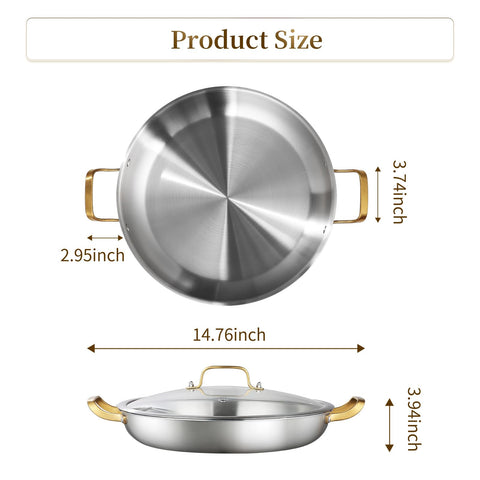 DELARLO Pan Paella de 14 pulgadas, superficie amplia para paellas y salteados