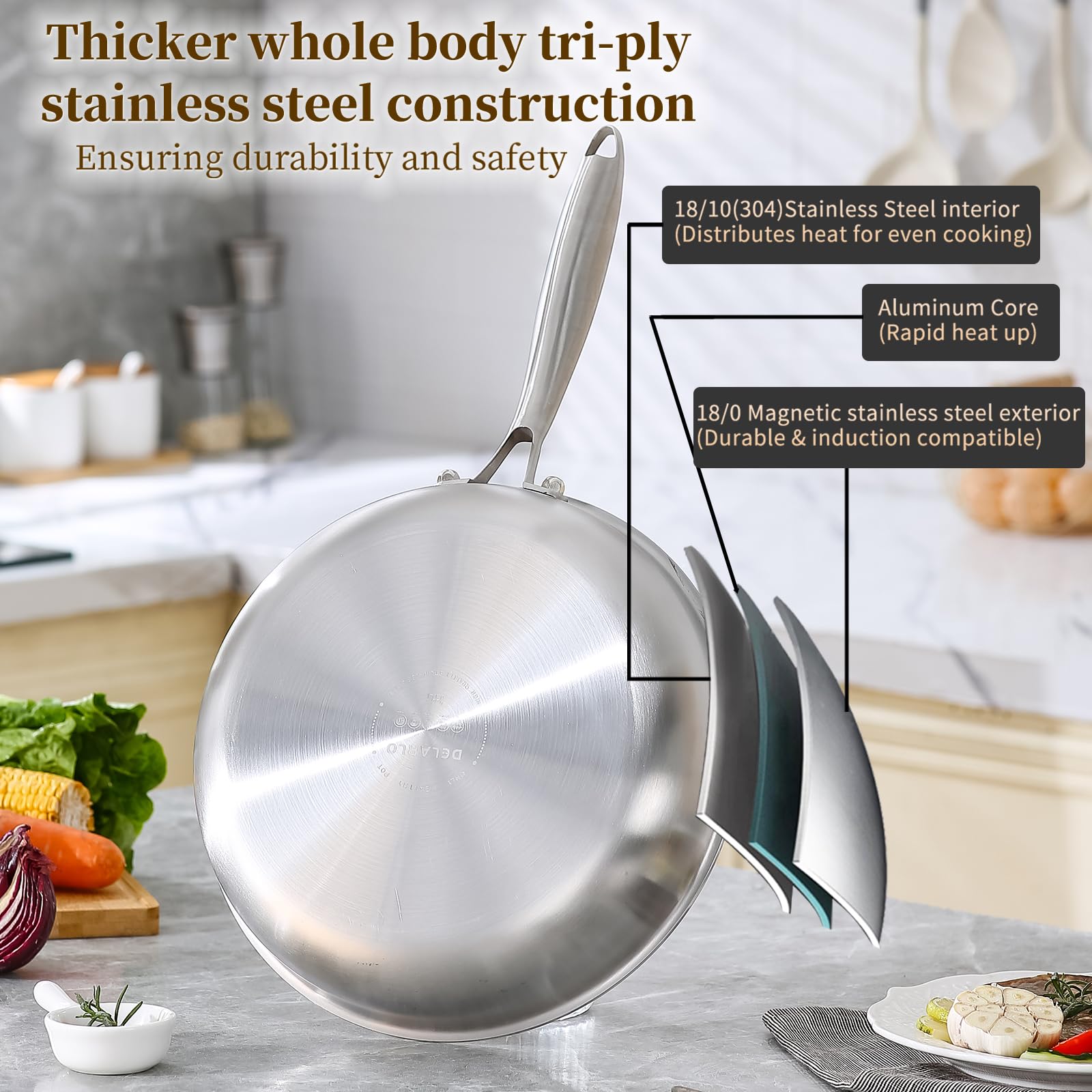 Sartén DELARLO Tri-Ply 12,5'' interior de cocción no tóxica para sabor fresco.