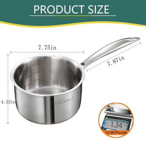 Delarlo sartén tri-ple clad 2.5 qt mango resistente para agarre seguro