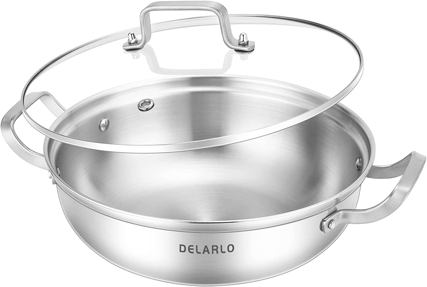 Sartén DELARLO Tri-Ply 13 pulgadas con tapa de vidrio, cocción uniforme.