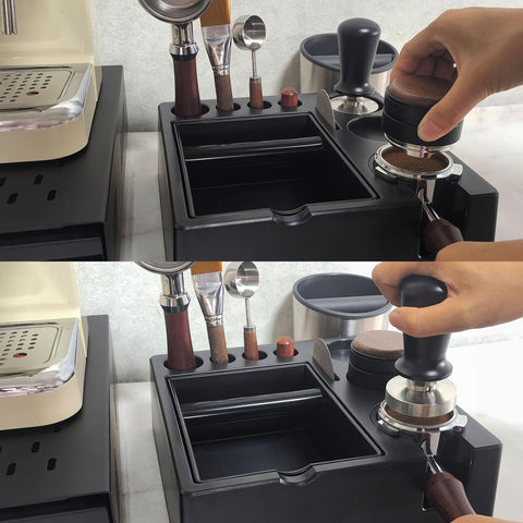 delerke altura ajustable: ranura para fijar portafiltro y tamper.