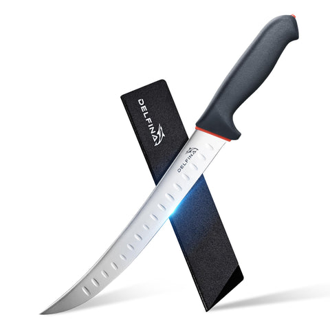 DELFINA cuchillo partidor curvo 10 pulgadas con funda, ideal para trocear carne.