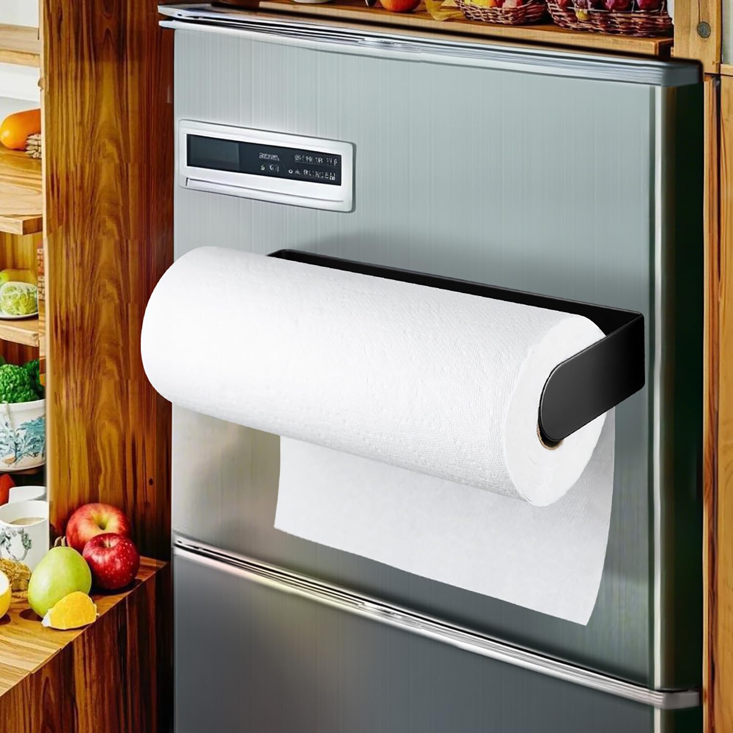Deliton porta-rollos magnético para nevera, vista frontal, acceso rápido al papel.