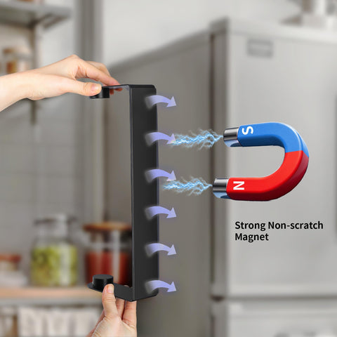 Deliton porta-rollos magnético para nevera, vista lateral, fijación estable en superficies metálicas.