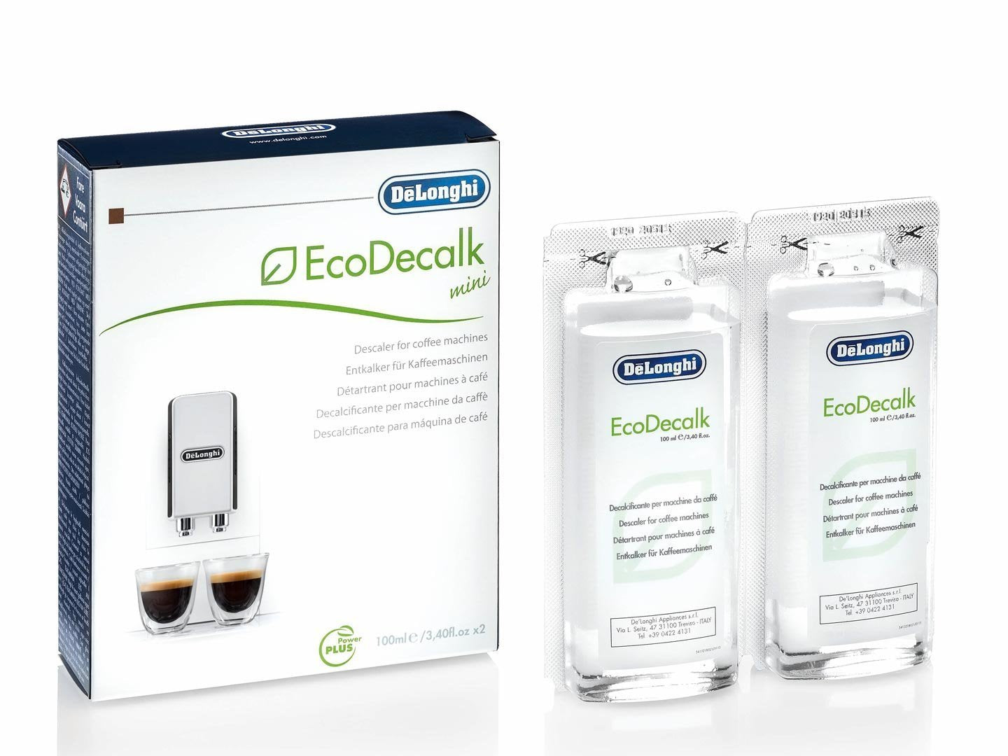 Descalcificador mini De'Longhi Eco, botella de 3,4 oz, para descalcificar cafeteras.