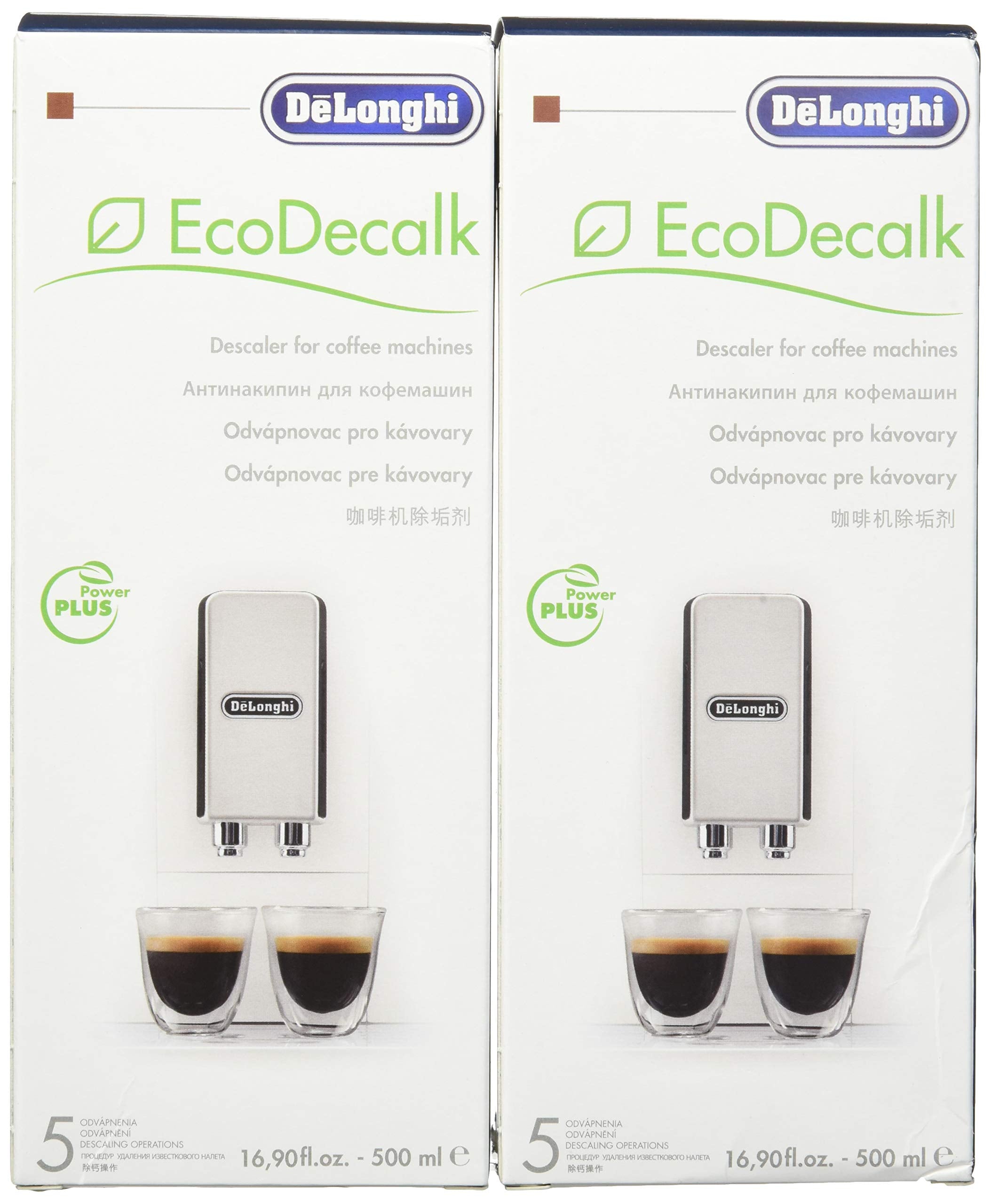 Desincrustante De'Longhi Eco en botella blanca, tapa verde, ideal para descalcificar cafetera