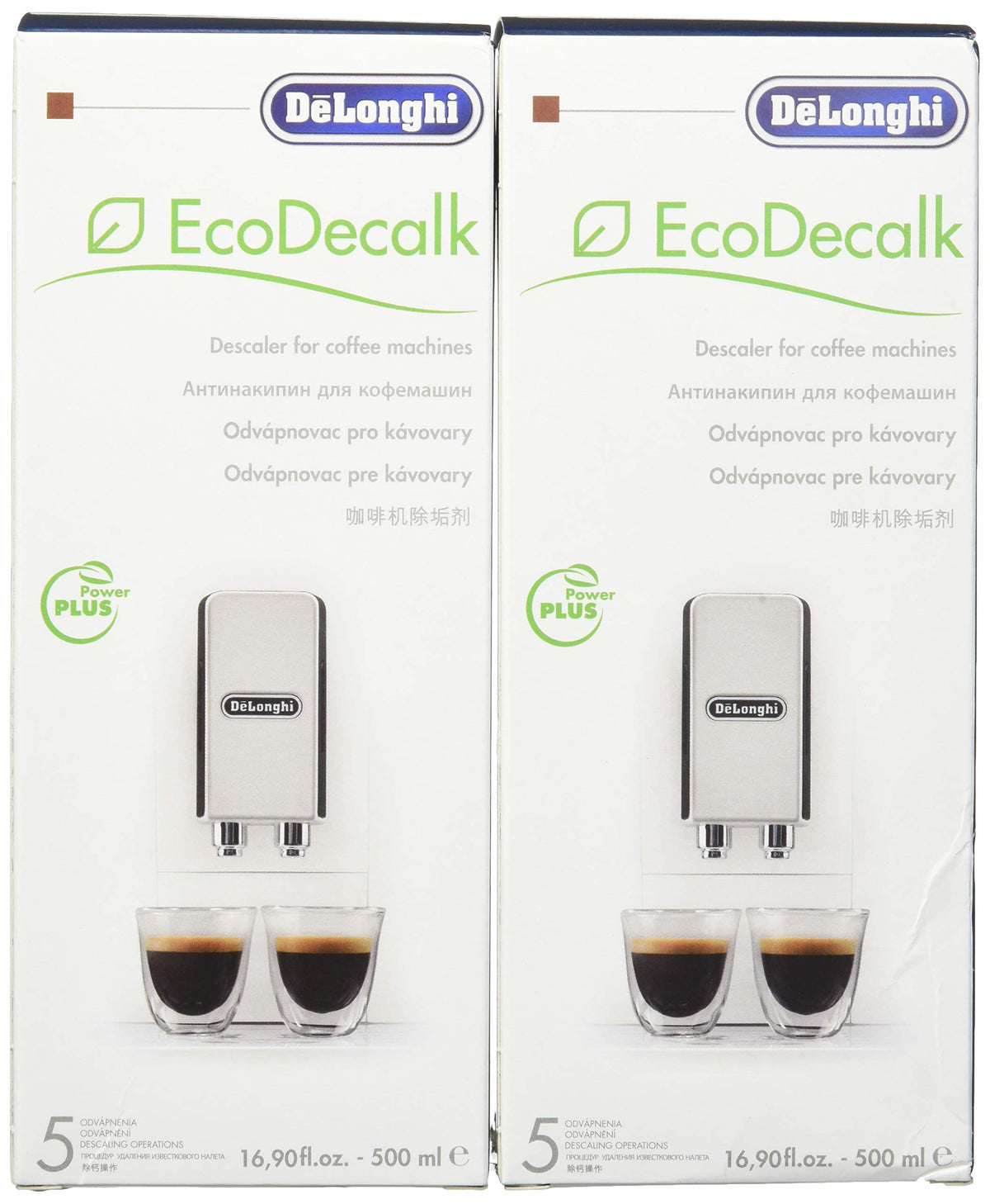 Desincrustante De'Longhi Eco en botella blanca, tapa verde, ideal para descalcificar cafetera