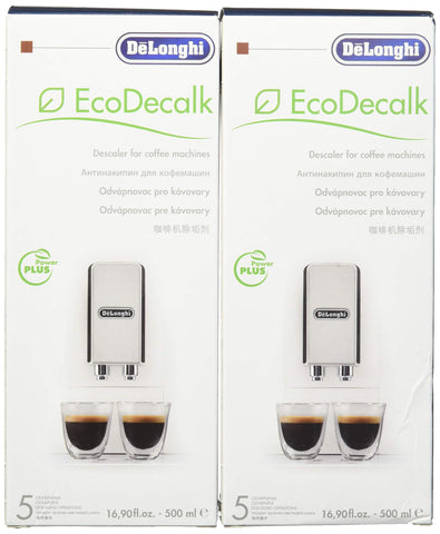 Desincrustante De'Longhi Eco en botella blanca, tapa verde, ideal para descalcificar cafetera