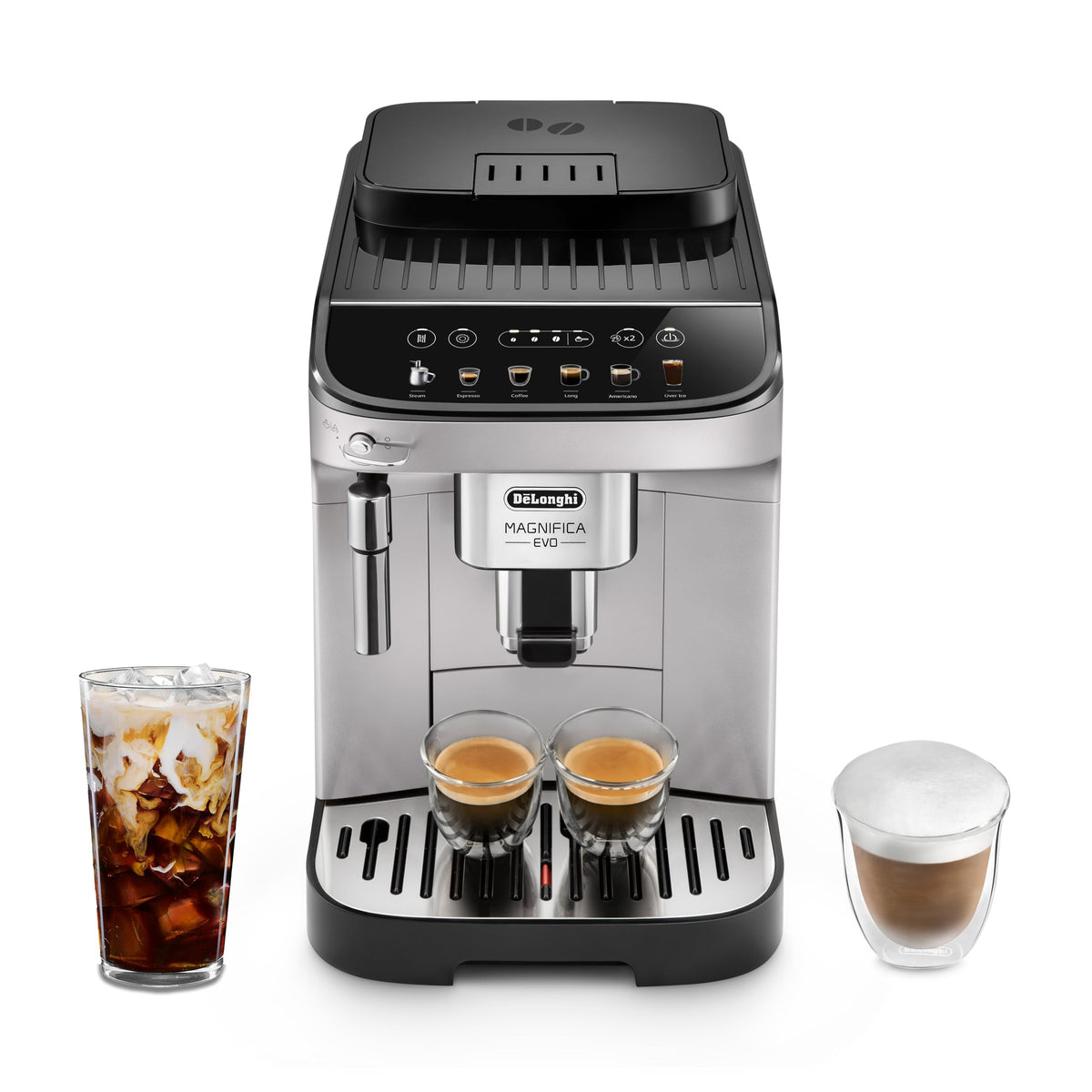 Magnifica Evo De'Longhi vista frontal, diseño compacto para cocinas pequeñas.