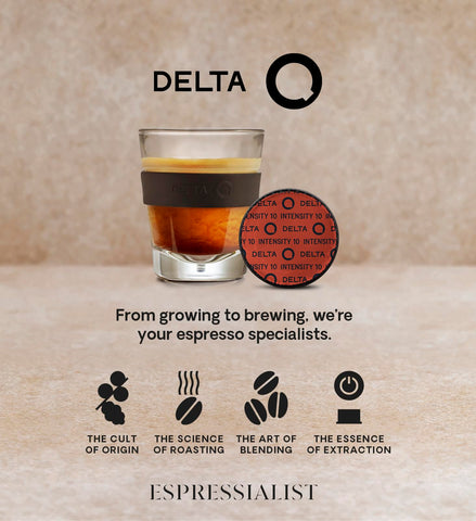 Delta Q Quick Espresso, taza de café lista para servir con espresso recién hecho.