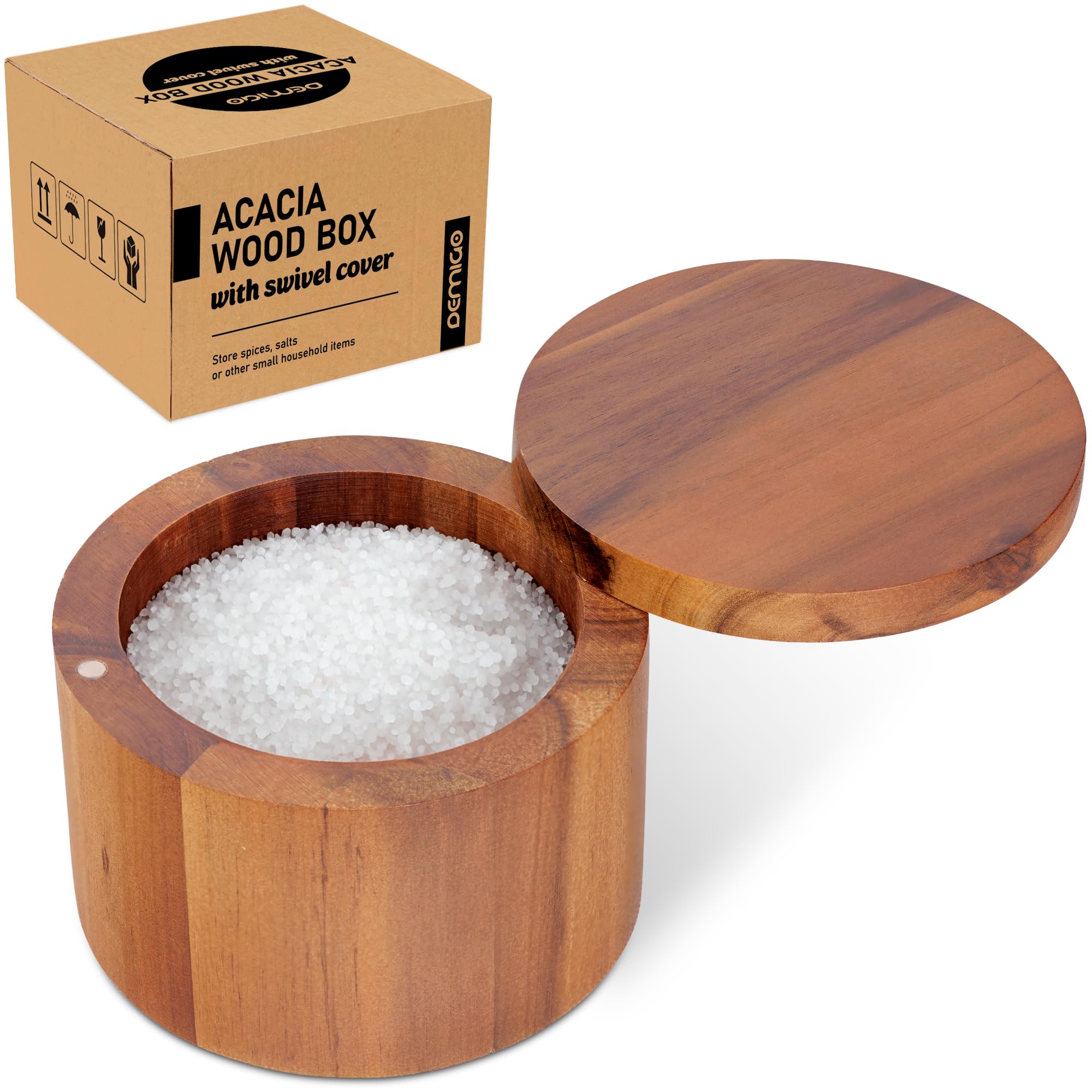 Demigo Salero de Acacia con tapa magnética para acceso rápido y conservar especias.