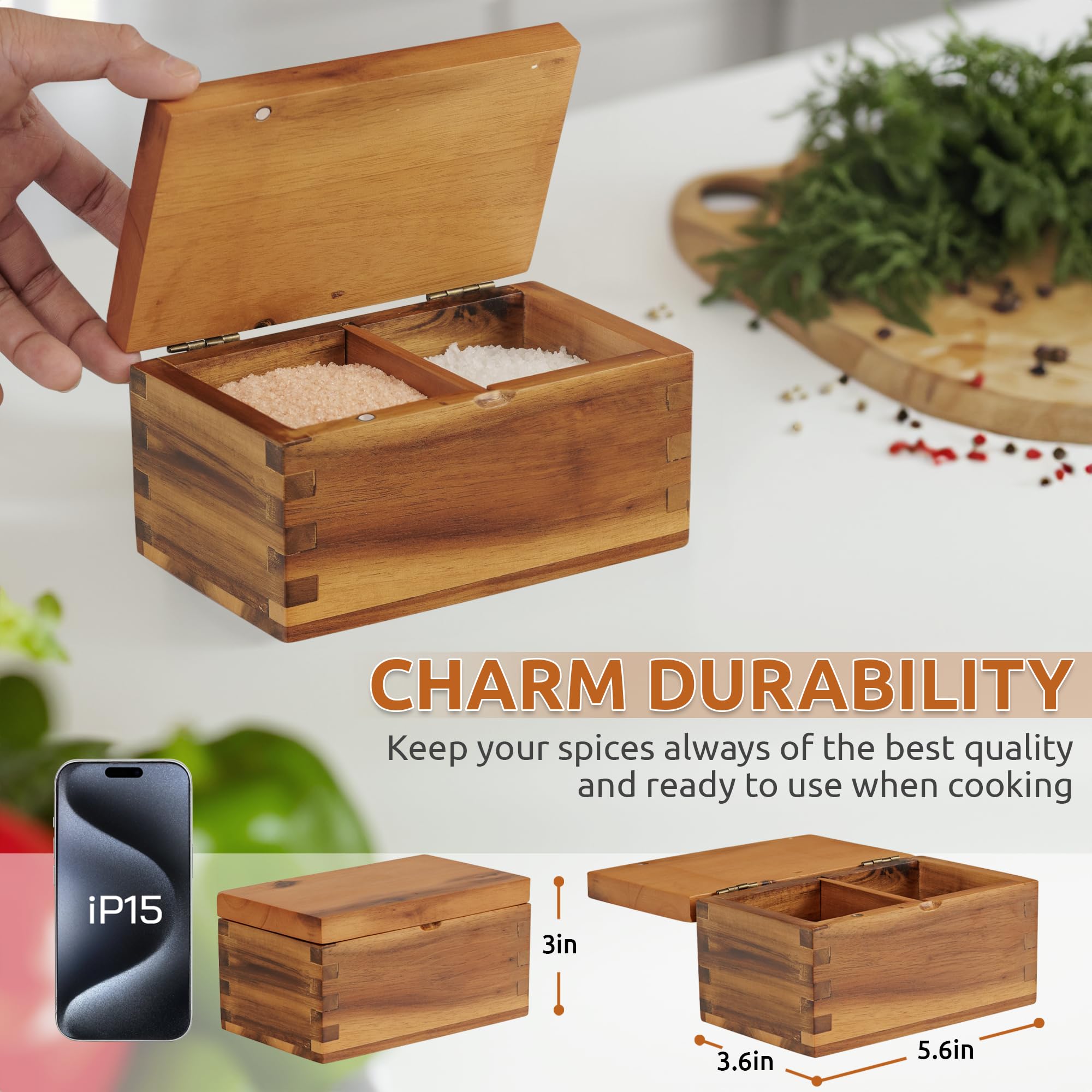 Demigo salero de acacia para cocina con diseño artesanal en encimera elegante.