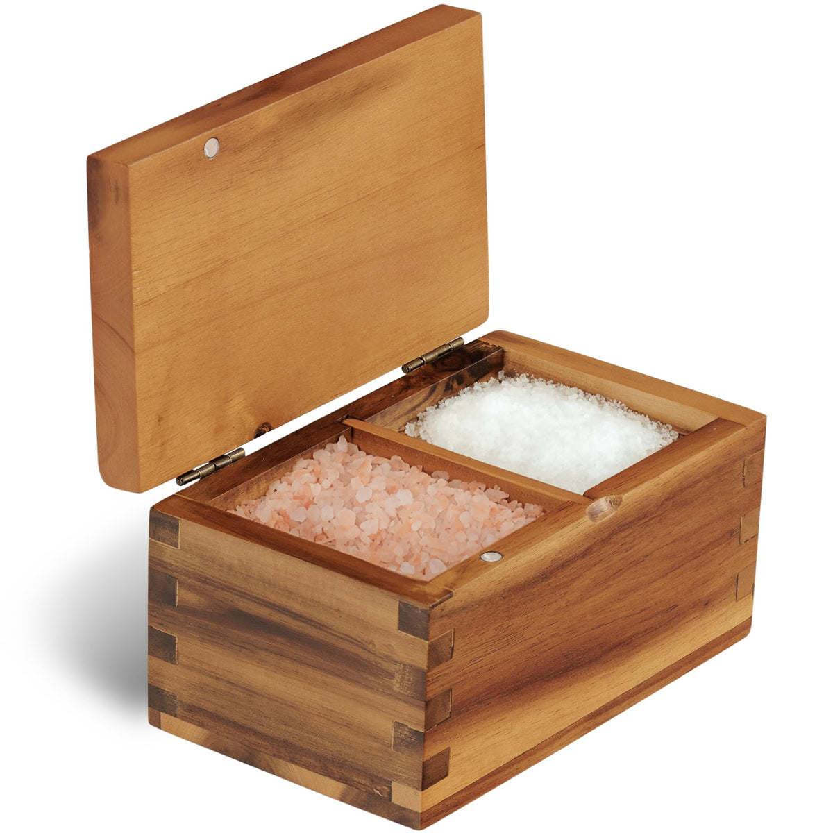 Demigo salero de acacia con tapa magnética mantiene condimentos frescos y al alcance.