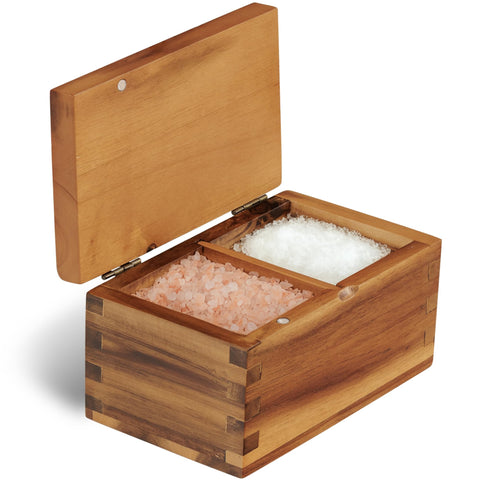 Demigo salero de acacia con tapa magnética mantiene condimentos frescos y al alcance.