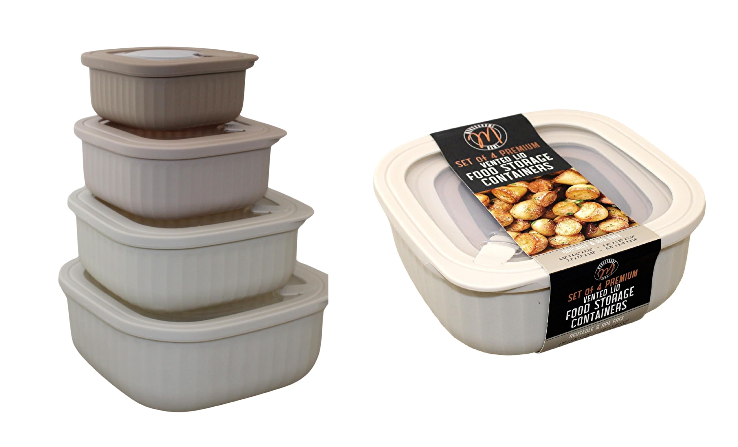 Conjunto Dependable Essentials: contenedores cuadrados con tapas ventiladas para organización y frescura.