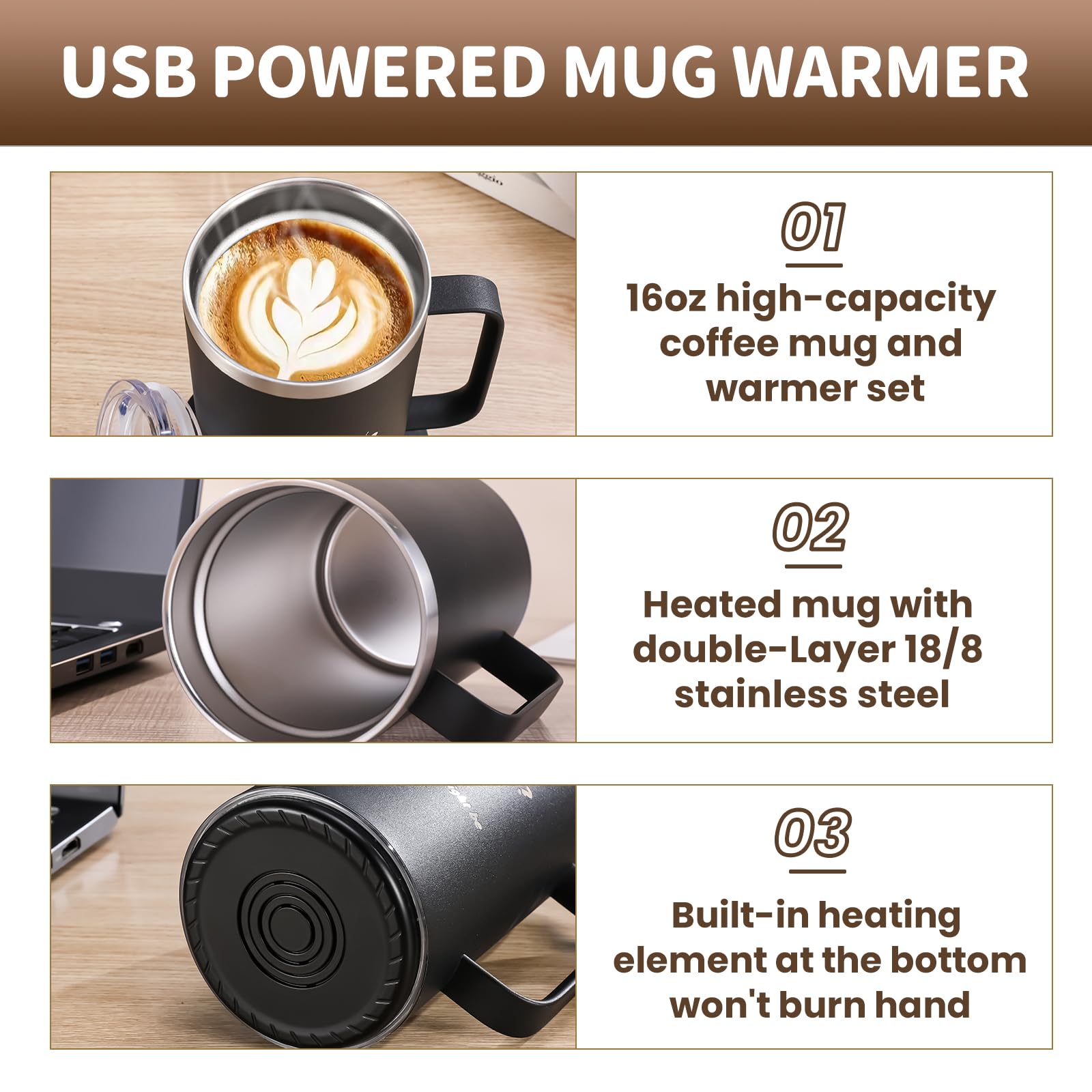 DEQIANG juego taza 17oz con tapa, base y cable USB