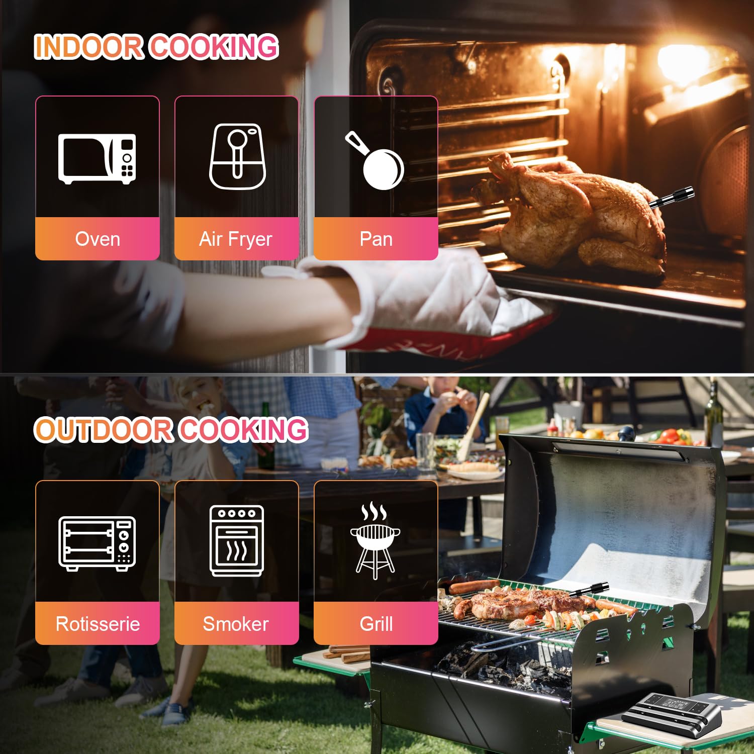 La sonda dual ofrece mediciones de interior y exterior para carnes perfectas.