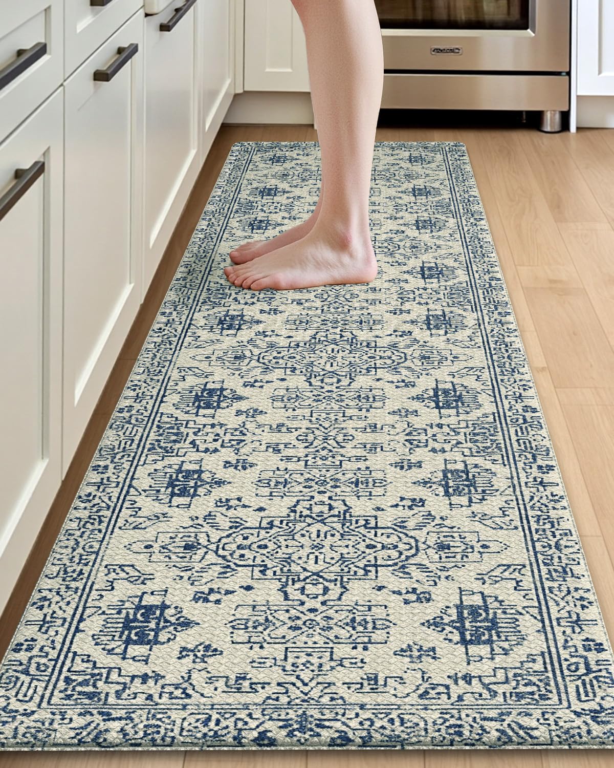 DEXI tapete anti-fatiga azul y blanco para cocina, soporte cómodo para pies.